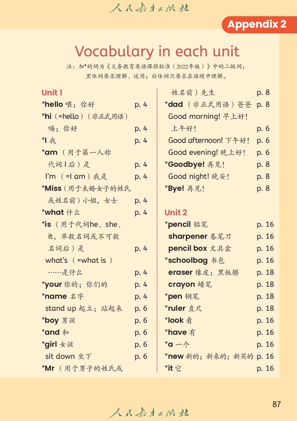 人教精通版四年级上册英语单词表/词汇